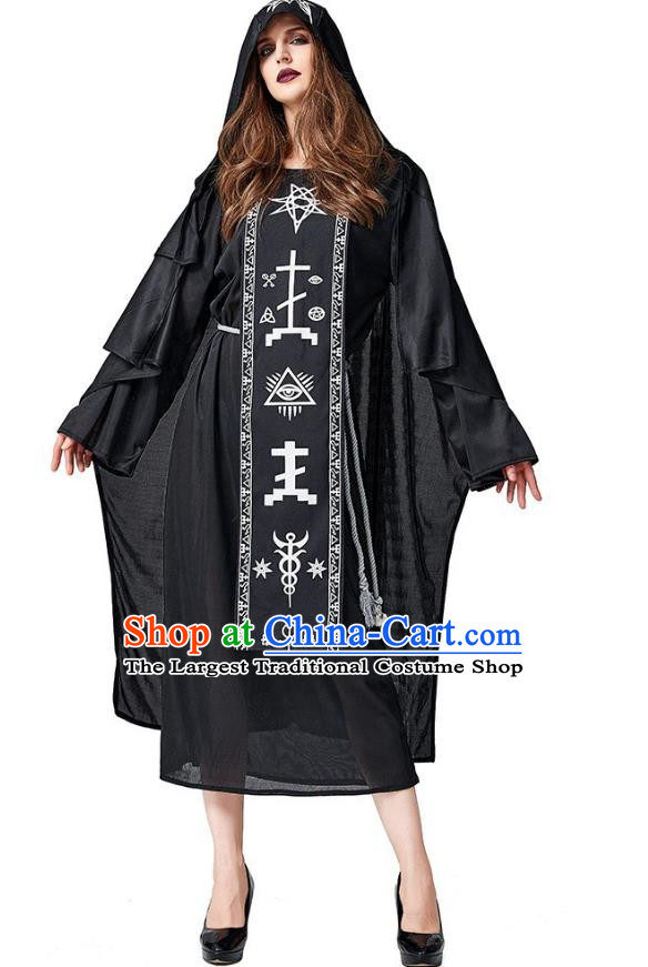 Black Totem Rune Robe Shaman Wizard Hooded Cloak Adult Cosplay Accountant Costume Halloween