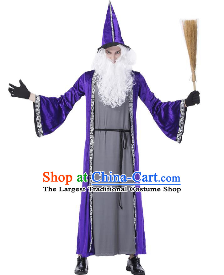 Halloween Blue Magician Costume Cosplay High Pointed Hat Elf Wizard Adult Long Section Warlock Costume Large Size