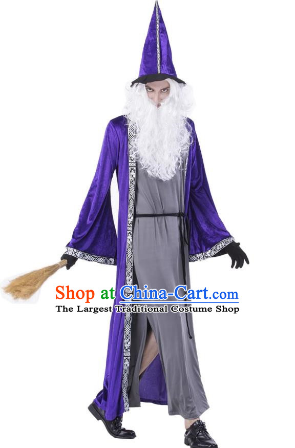 Halloween Blue Magician Costume Cosplay High Pointed Hat Elf Wizard Adult Long Section Warlock Costume Large Size