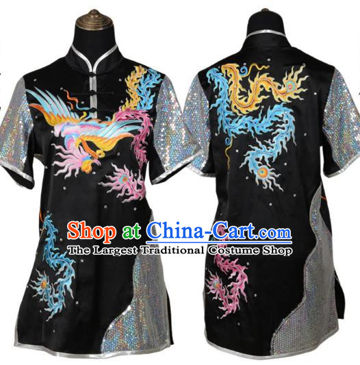 Black Martial Arts Clothing Embroidered Phoenix Performance Clothing Competition Clothing Long Boxing Clothing Practice Clothing For Women, Boys And Children