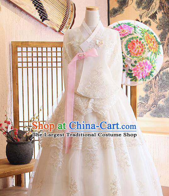 Korean Bride Celebration Costume Traditional Wedding Dress Embroidered Lace White Hanbok