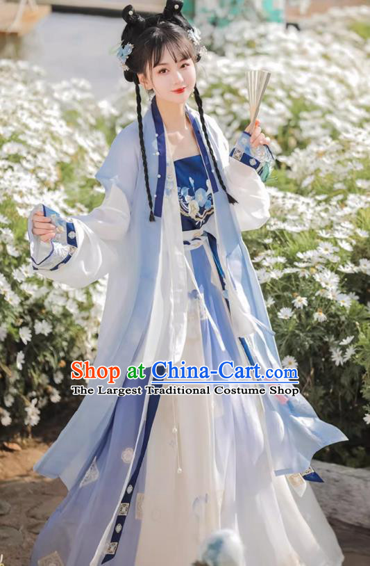 Chinese Song Dynasty Female Garment Costumes Traditional Blue Hanfu Dress Ancient Young Woman Clothing