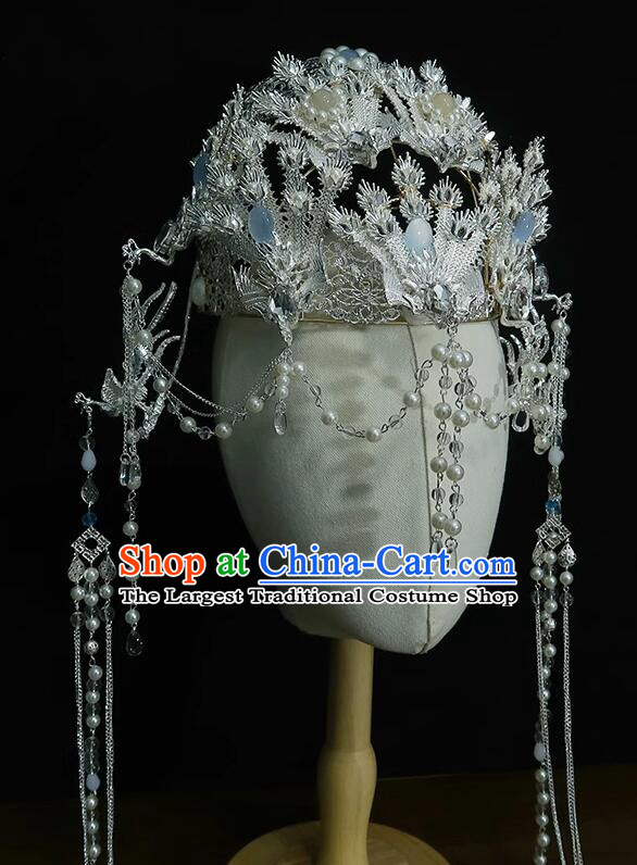 Chinese Ancient Empress Argent Crown Handmade Phoenix Headdress Hanfu Wedding Jewelries