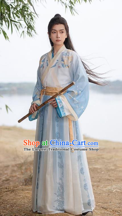 China Traditional Male Printing Hanfu Jin Dynasty Royal Childe Garment Costumes Ancient Swordsman Blue Clothing