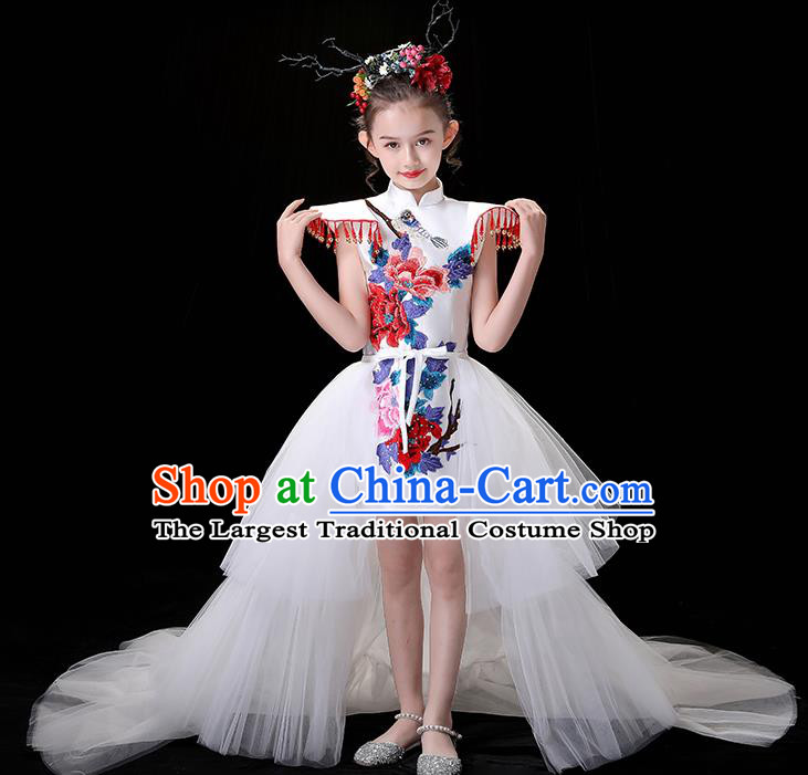 Chinese Embroidered Qipao Costume Top Children Modern Fancywork Clothing Girl Compere Full Dress