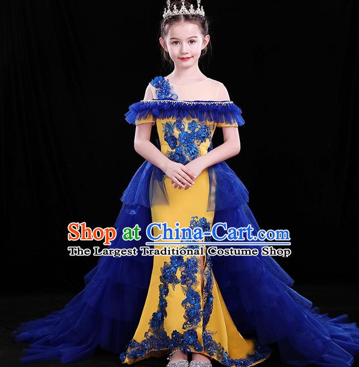 Chinese Girl Compere Full Dress Embroidered Birthday Costume Children Modern Fancywork Clothing