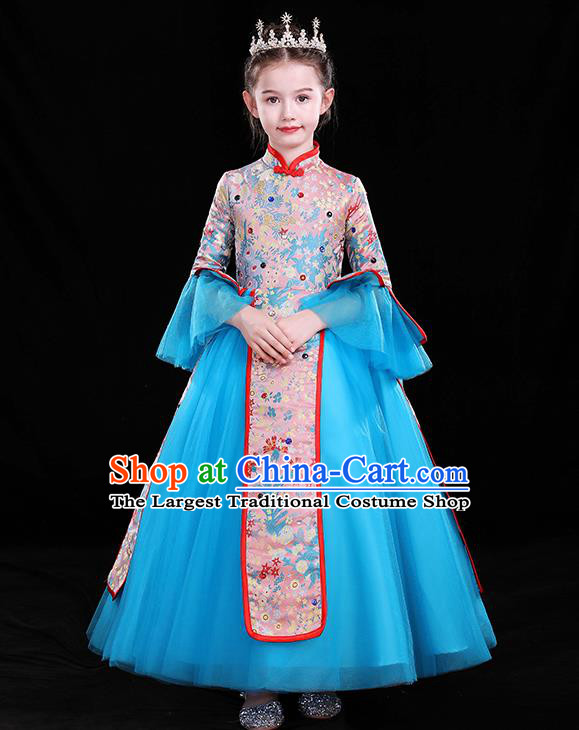 Top Catwalks Blue Veil Costume Children Modern Fancywork Clothing Chinese Girl Compere Full Dress