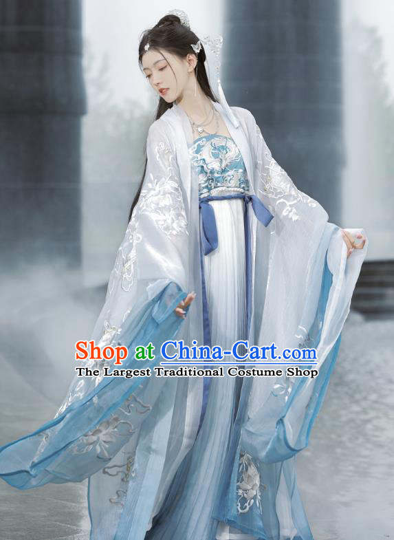 China Tang Dynasty Princess Blue Dresses Traditional Hanfu Embroidered Hezi Qun Clothing Ancient Palace Lady Costumes