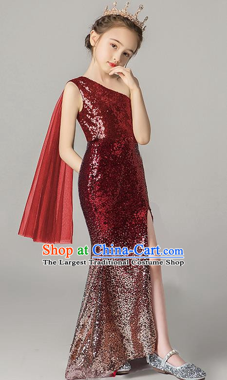 Girls Evening Dress Temperament Slim Mermaid Skirt Sequin Trailing Dress Children Host Model Catwalk Costumes