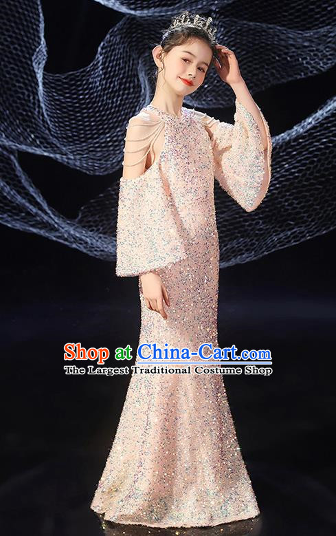 Girls Evening Dress Temperament Slim Mermaid Skirt Sequin Trailing Dress Children Host Model Catwalk Costumes