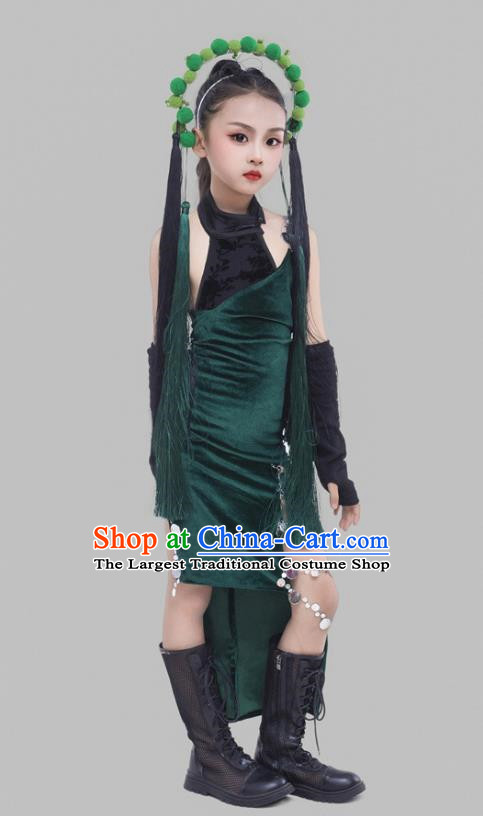 Girls Dark Green Cheongsam Suit Beijing Opera Elements Chinese Style Republic Of China Style Children Dress Catwalk