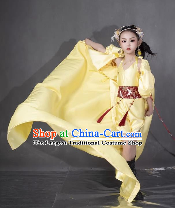 Girls Yellow Twenty Four Solar Terms Awakening Of Insects Dress Chinese Style Suit T Stage Show Catwalk Competition Suit