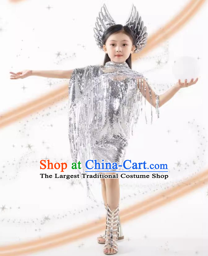 Girls Model Competition Trendy Clothes Children Catwalk Catwalk Princess Silver Sequins Future Technology Sense Yuan Universe Dress