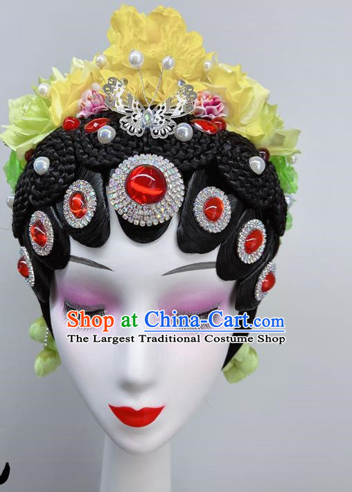 National Wind Opera Dance Performance Headdress Stage Performance Dance Headdress Yellow Green Gradient Opera Wig