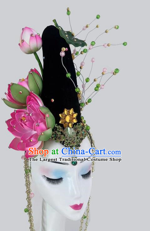 Chinese Classical Dance New Lotus Headdress Fake Hair Bun Long Tassel Art Examination Dance Supplies Performance Headdress