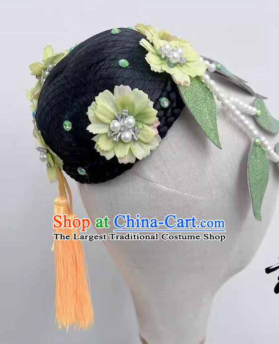 Chinese Classical Dance Fangchun Xing Wig Hair Bag Headdress Handmade Beaded Tassel Art Test Dance Headdress