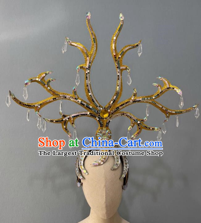 Gold Rhinestone Opening Dance Performance Show Feather Headdress Dance Team Samba Costume Carnival Halloween