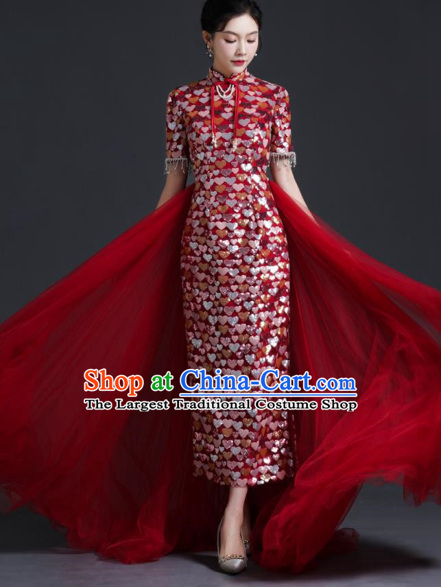 Chinese Bride Wedding Toast Dress Cheongsam Heavy Industry Long Section Noble Banquet Stage Catwalk Costume Sequins