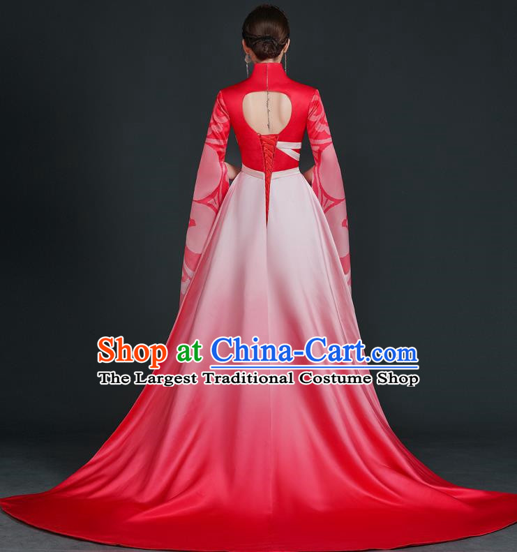 China Style Stage Catwalk Show Costumes Long Trailing Cheongsam Team Dress Art Examination Clothes