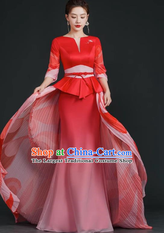 China Style Stage Catwalk Show Costumes Long Trailing Cheongsam Team Dress Art Examination Clothes