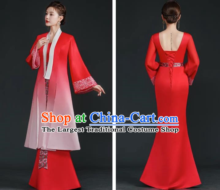 China Style Stage Catwalk Show Costumes Long Trailing Cheongsam Team Dress Art Examination Clothes