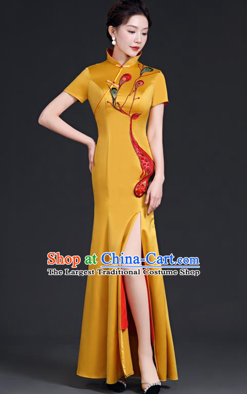 Chinese Style Top Evening Dress High Collar Long Fishtail Self Cultivation Annual Meeting Model Catwalk Costume Yellow