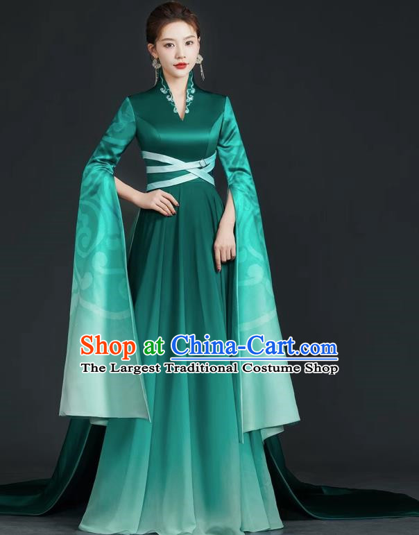 China Style Top Catwalk Evening Dress Trailing Long Model Team Stage Performance Clothing Art Test Dress Green