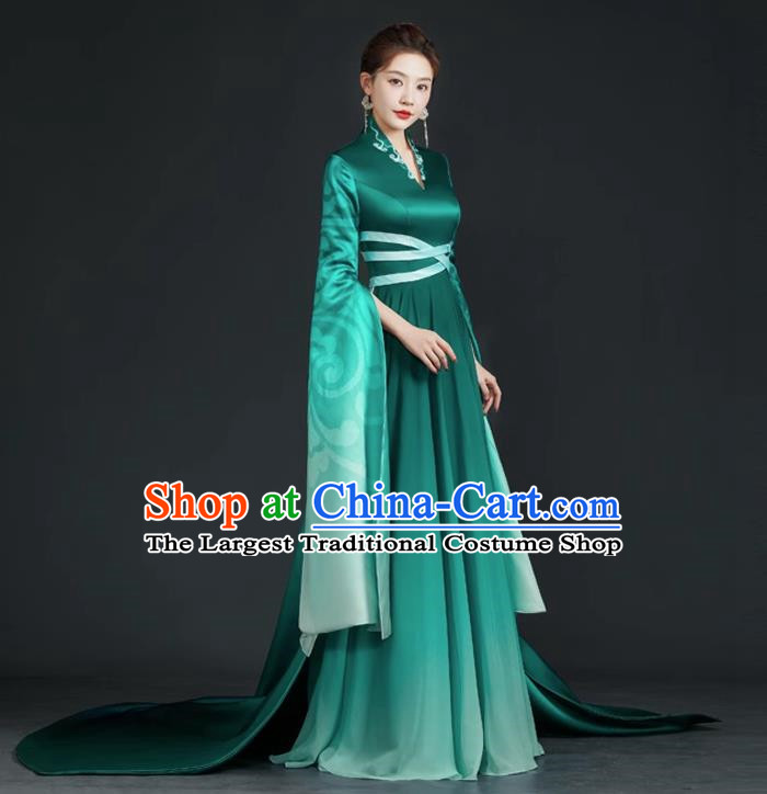 China Style Top Catwalk Evening Dress Trailing Long Model Team Stage Performance Clothing Art Test Dress Green