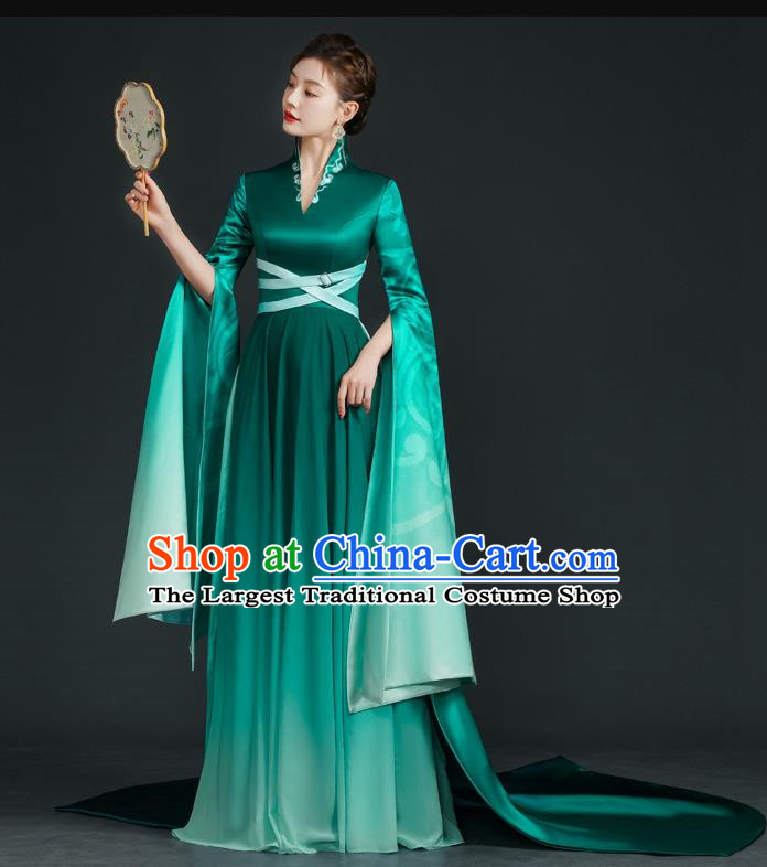 China Style Top Catwalk Evening Dress Trailing Long Model Team Stage Performance Clothing Art Test Dress Green