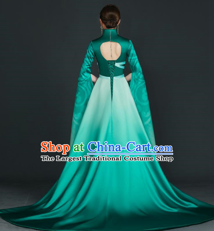 China Style Top Catwalk Evening Dress Trailing Long Model Team Stage Performance Clothing Art Test Dress Green