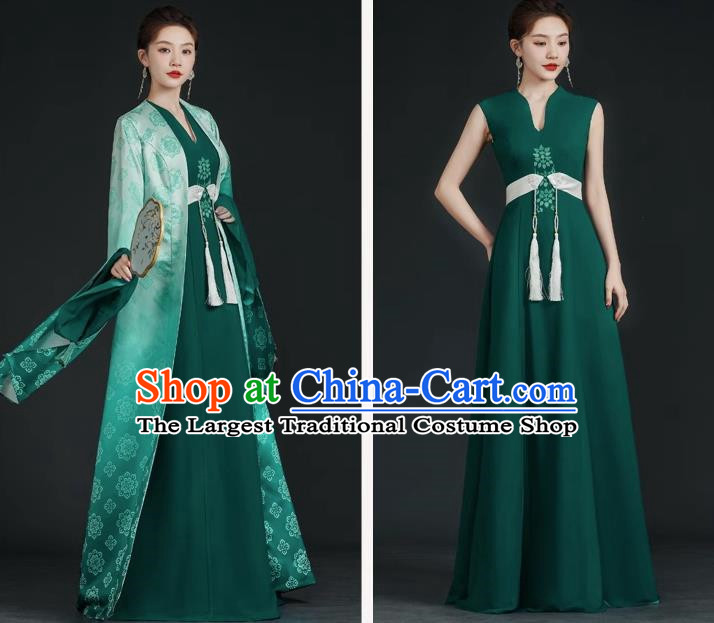 China Style Top Catwalk Evening Dress Trailing Long Model Team Stage Performance Clothing Art Test Dress Green