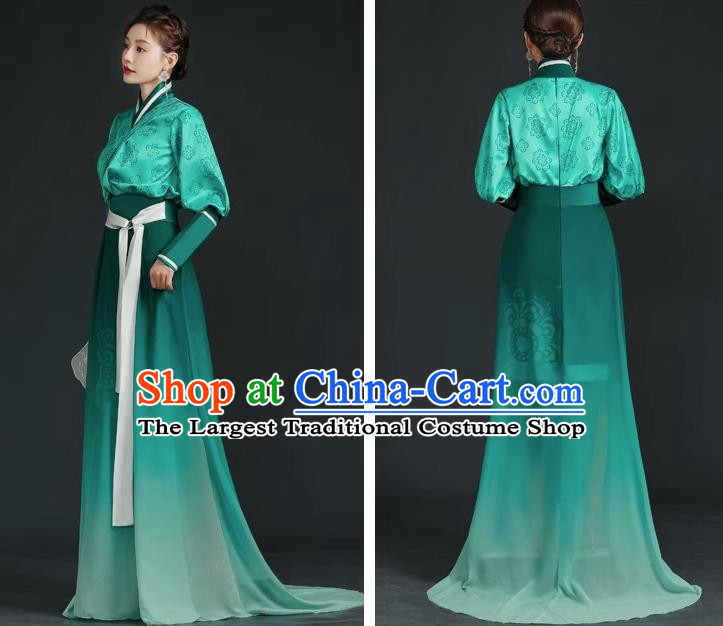 China Style Top Catwalk Evening Dress Trailing Long Model Team Stage Performance Clothing Art Test Dress Green