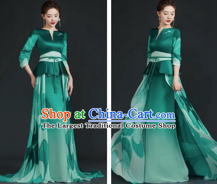 China Style Top Catwalk Evening Dress Trailing Long Model Team Stage Performance Clothing Art Test Dress Green