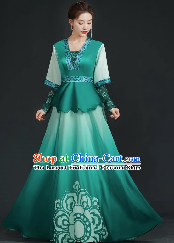 China Style Top Catwalk Evening Dress Trailing Long Model Team Stage Performance Clothing Art Test Dress Green