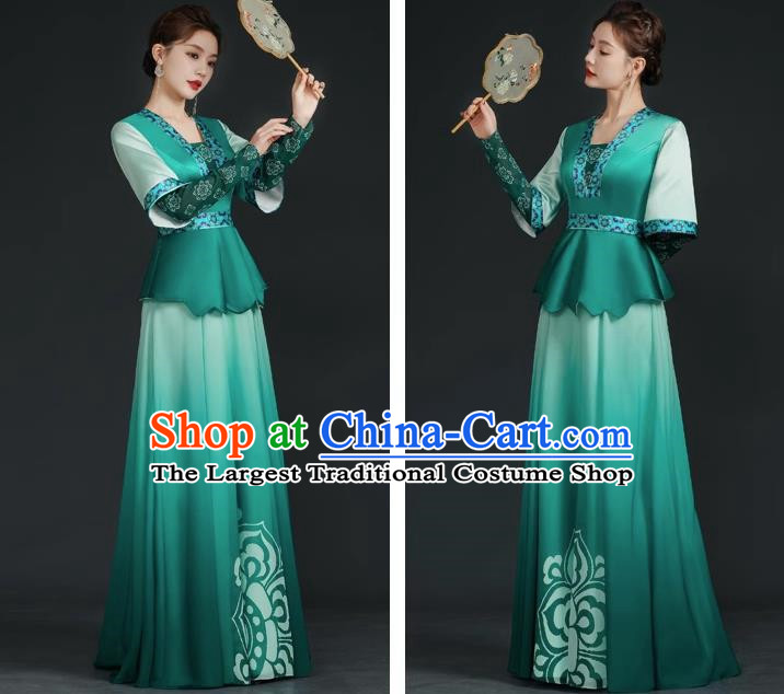 China Style Top Catwalk Evening Dress Trailing Long Model Team Stage Performance Clothing Art Test Dress Green