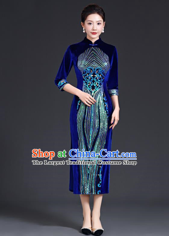 Chinese Style Sapphire Blue Catwalk Cheongsam Long Three Quarter Sleeve Velvet Mother Model Team Costume