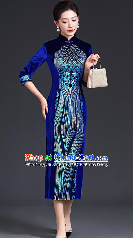 Chinese Style Sapphire Blue Catwalk Cheongsam Long Three Quarter Sleeve Velvet Mother Model Team Costume