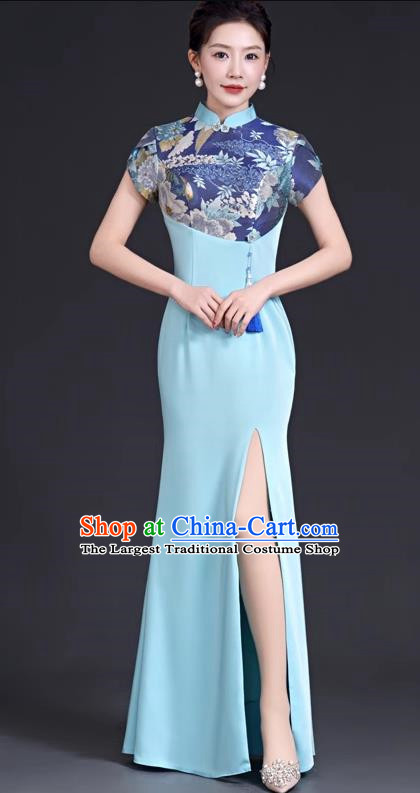 Top Fishtail Slit Evening Dress Chinese Style Model Catwalk Group Performance Costume Stage