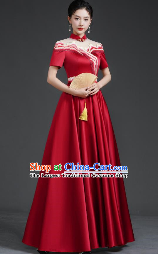 Chinese Banquet Evening Dress Choir Stage Model Catwalk Costume Wine Red