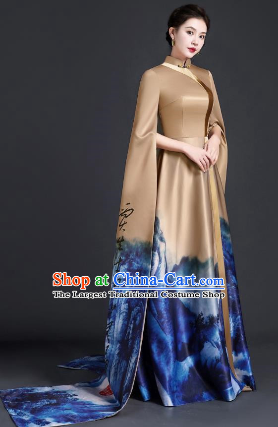 Chinese Style Top Atmospheric Model Catwalk Costumes Long Art Examination Cheongsam Dress Exaggerated Long Sleeved Host Clothing