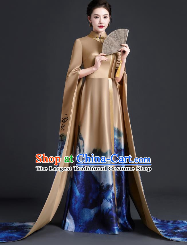 Chinese Style Top Atmospheric Model Catwalk Costumes Long Art Examination Cheongsam Dress Exaggerated Long Sleeved Host Clothing