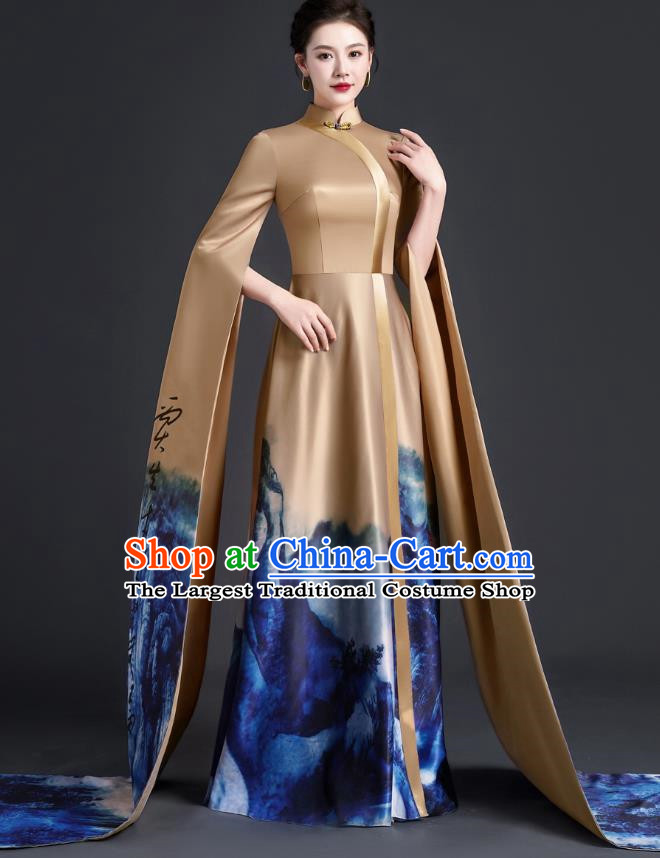 Chinese Style Top Atmospheric Model Catwalk Costumes Long Art Examination Cheongsam Dress Exaggerated Long Sleeved Host Clothing