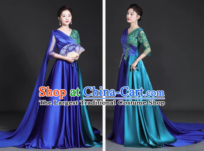 Chinese Style Top Trailing Evening Dress Model Catwalk Cheongsam Performance Costume Guzheng Playing Host Dress Blue