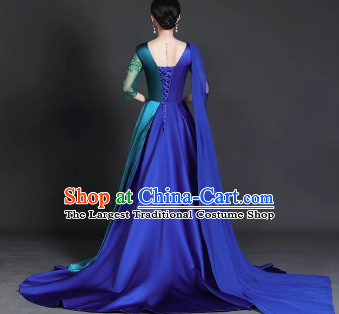 Chinese Style Top Trailing Evening Dress Model Catwalk Cheongsam Performance Costume Guzheng Playing Host Dress Blue