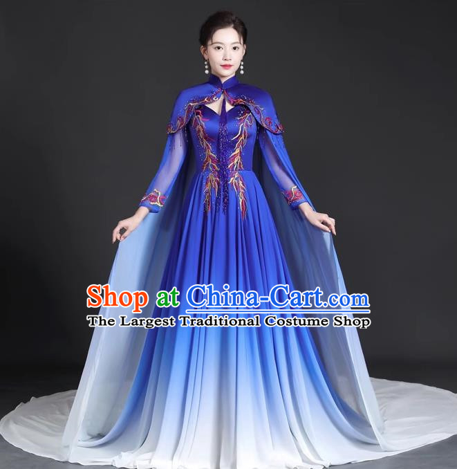 Chinese Style Top Trailing Evening Dress Model Catwalk Cheongsam Performance Costume Guzheng Playing Host Dress Blue