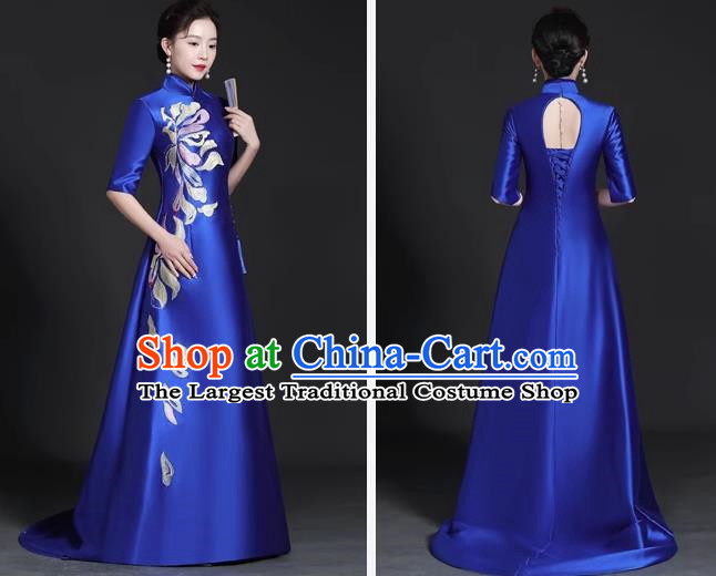 Chinese Style Top Trailing Evening Dress Model Catwalk Cheongsam Performance Costume Guzheng Playing Host Dress Blue