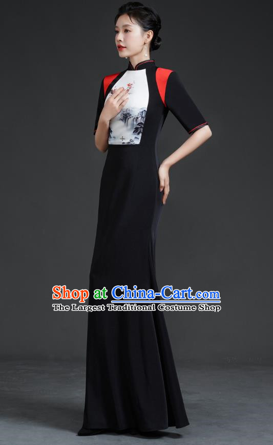 Chinese Catwalk Style Cheongsam Long Black Fishtail Slim Stage Performance Costume Banquet Evening Dress