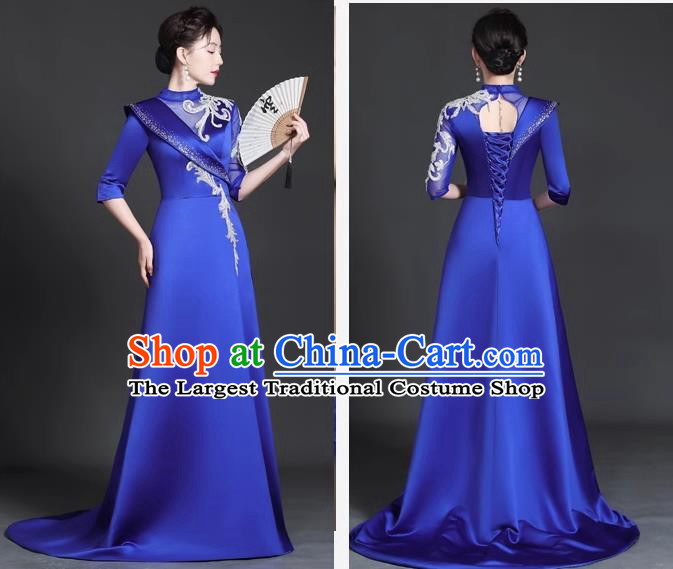 Chinese Style Top Trailing Evening Dress Model Catwalk Cheongsam Performance Costume Guzheng Playing Host Dress Blue