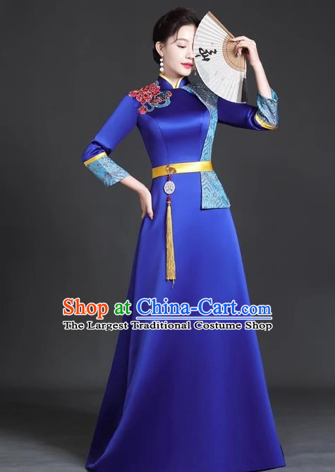 Chinese Style Top Trailing Evening Dress Model Catwalk Cheongsam Performance Costume Guzheng Playing Host Dress Blue