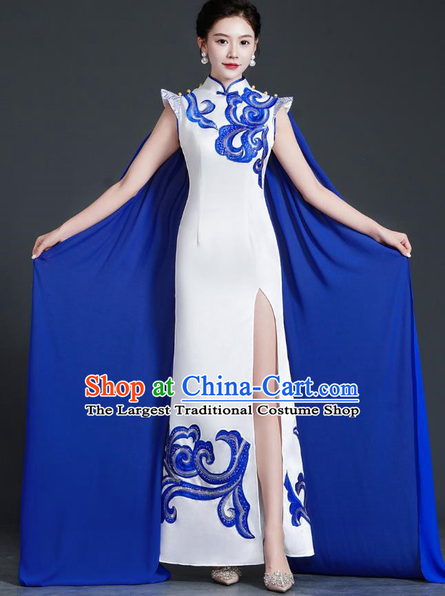 Chinese Style Top Cheongsam Dress Cape Long Fishtail Slim Model Catwalk Costume Blue And White